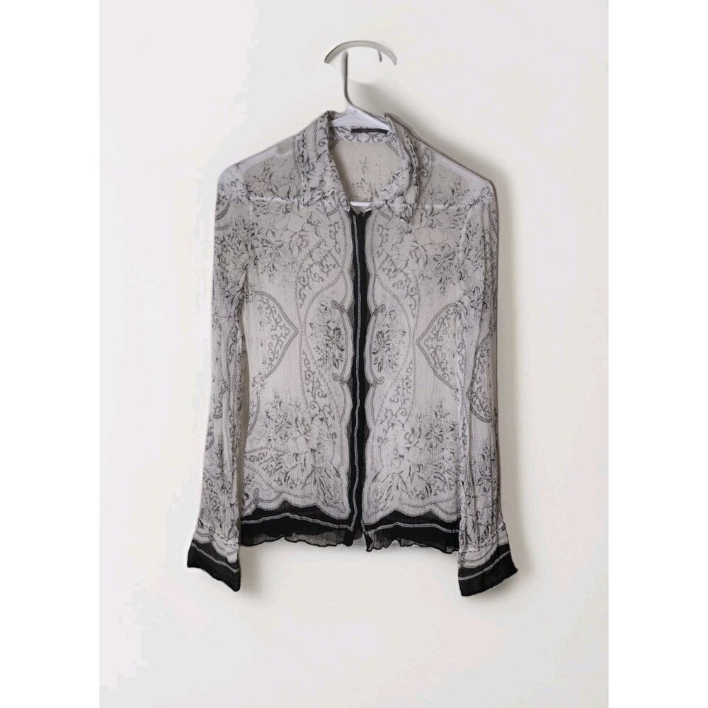 Elie Tahari Top XS Snap Front Long Sleeve Sheer Floral